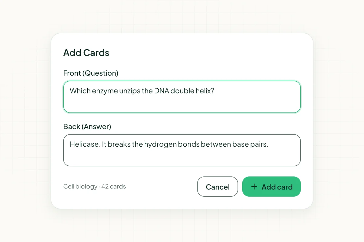 Creating a flashcard in Space Repeat with a front question and back answer