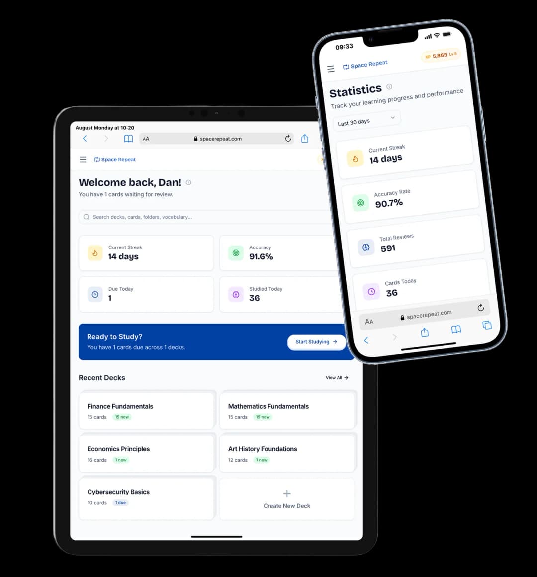 Space Repeat flashcard app dashboard and study statistics on tablet and phone