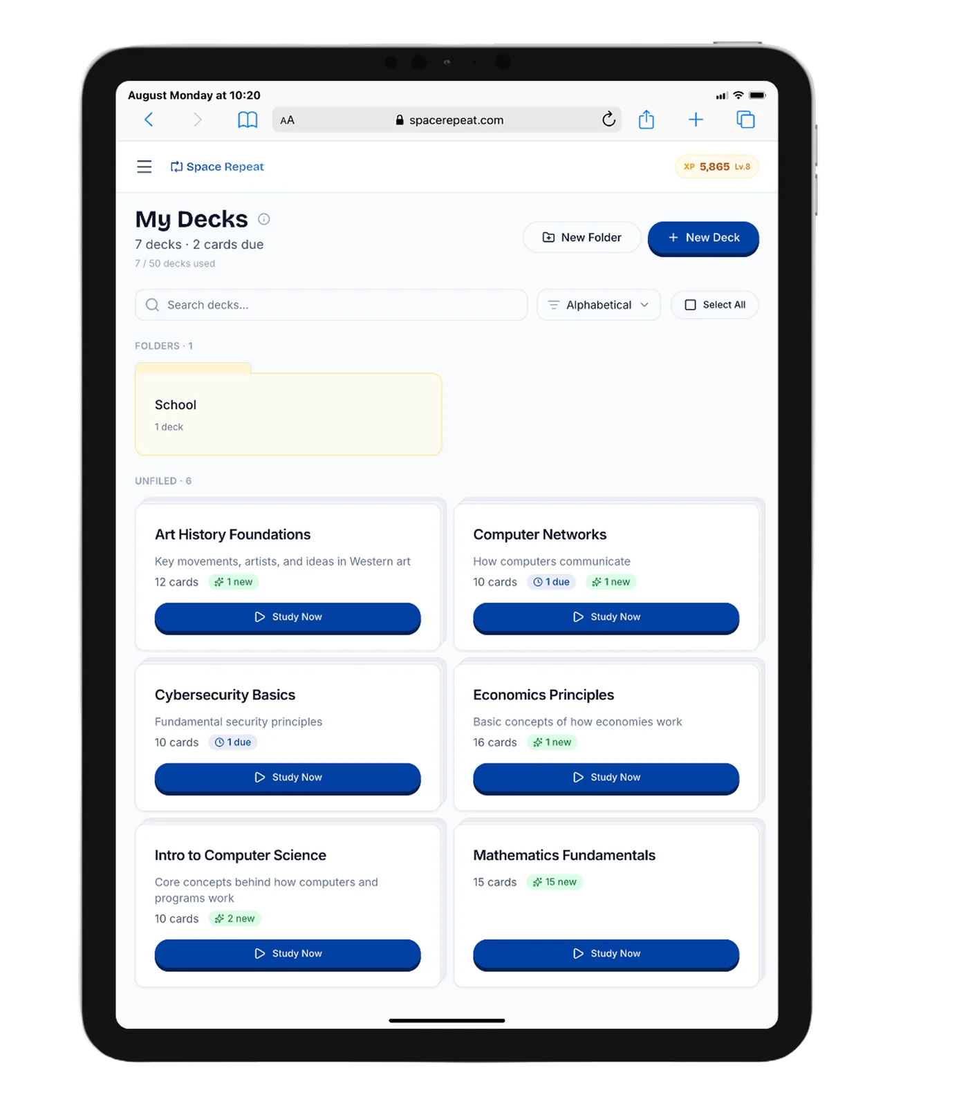 Space Repeat flashcard app deck library showing folders and decks