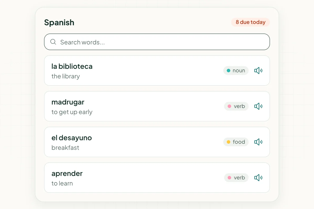 Space Repeat Vocabulary Builder with Spanish words, their meanings, tags and pronunciation audio